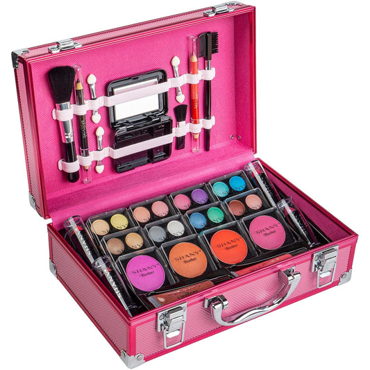 Carry All Make up Train Case with Pro Makeup Set, Beauty Brushes, Lipsticks, Eye Shadows, Blushes, Powders, and More - Reusable Cosmetics Storage Organizer - Premium Gift Packaging - Pink