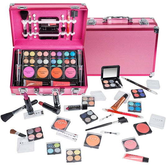 Carry All Make up Train Case with Pro Makeup Set, Beauty Brushes, Lipsticks, Eye Shadows, Blushes, Powders, and More - Reusable Cosmetics Storage Organizer - Premium Gift Packaging - Pink